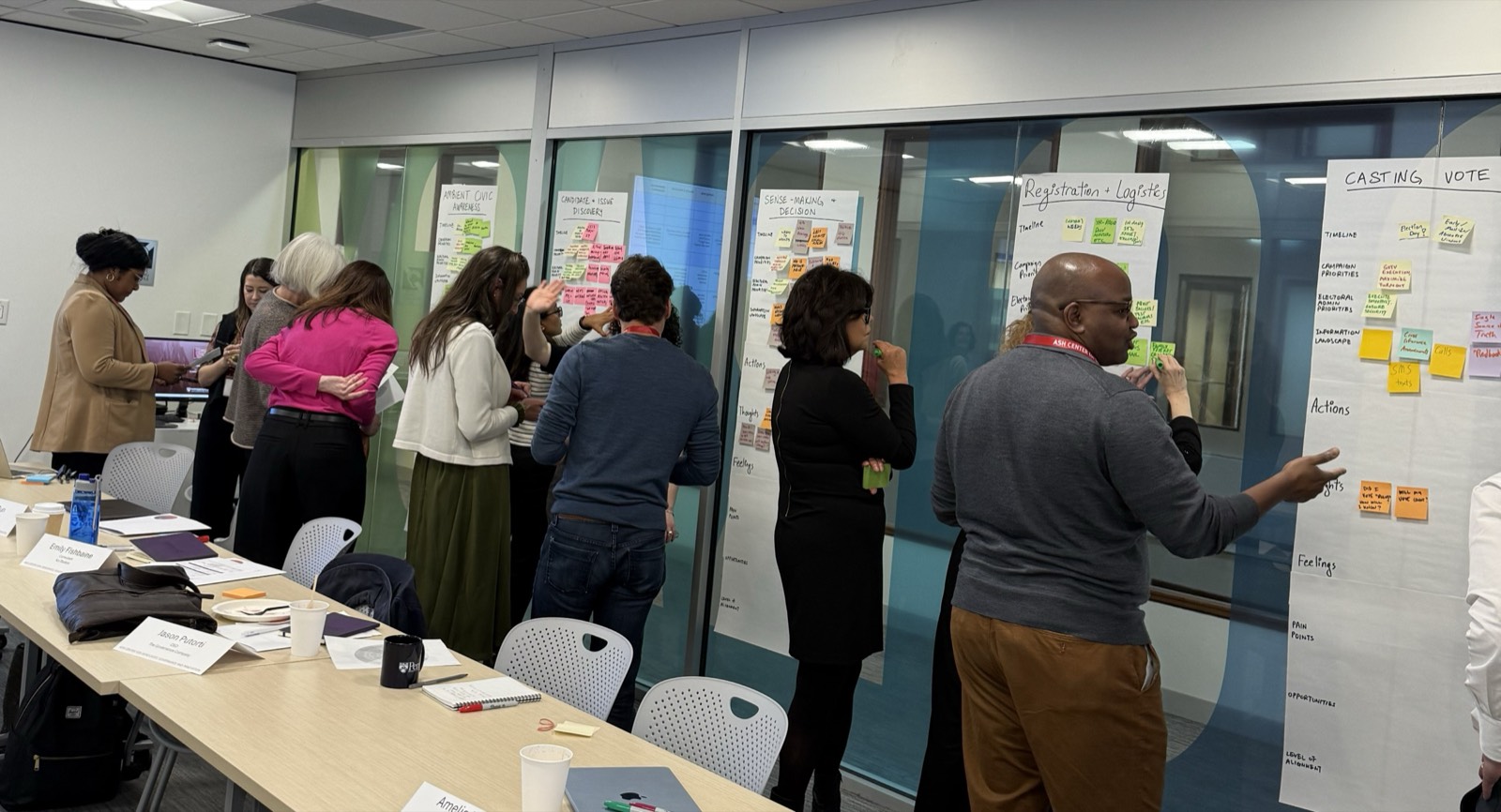 Summit participants gathered around wall-mounted journey map posters, adding sticky notes to each stage.